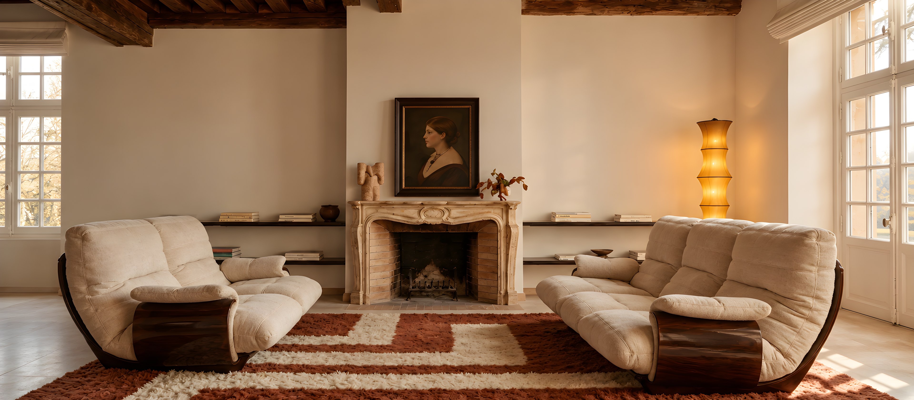 Pair of sofas facing a stone fireplace in a French living room