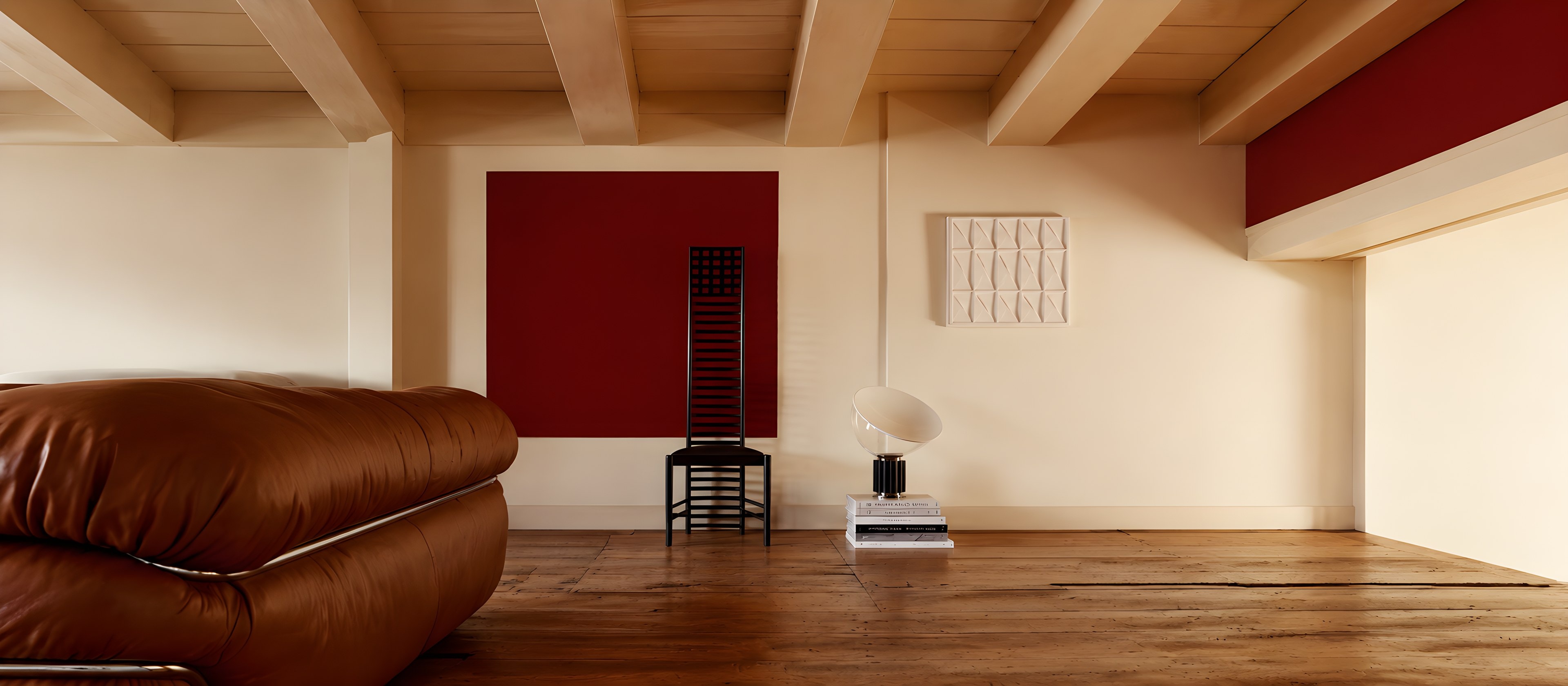 Leather sofa, Mackintosh Hill House chair and Taccia lamp in a beamed living room